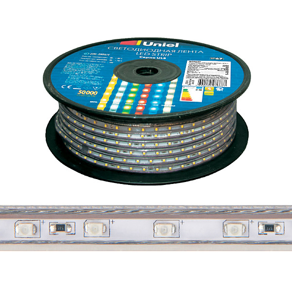 LED лента Uniel ULS-2835-60LED/m-10mm-IP67-220V-8W/m-50M-W бобина